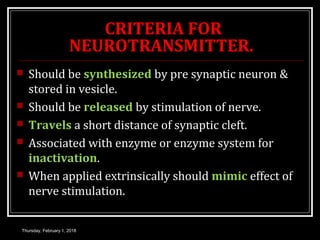 CRITERIA FOR
NEUROTRANSMITTER.
 Should be synthesized by pre synaptic neuron &
stored in vesicle.
 Should be released by stimulation of nerve.
 Travels a short distance of synaptic cleft.
 Associated with enzyme or enzyme system for
inactivation.
 When applied extrinsically should mimic effect of
nerve stimulation.
Thursday, February 1, 2018
 