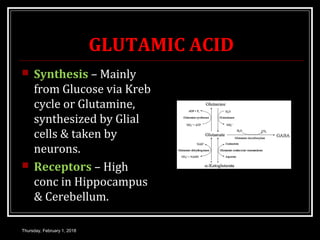 GLUTAMIC ACID
 Synthesis – Mainly
from Glucose via Kreb
cycle or Glutamine,
synthesized by Glial
cells & taken by
neurons.
 Receptors – High
conc in Hippocampus
& Cerebellum.
Thursday, February 1, 2018
 