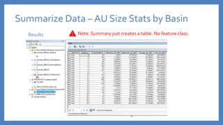 Summarize Data – AU Size Stats by Basin
Results Note: Summary just creates a table. No feature class.
 
