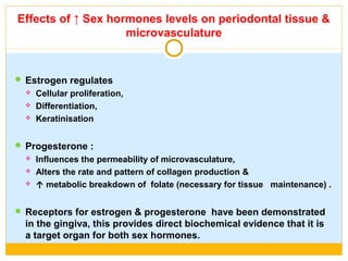 Effects of ↑ Sex hormones levels on periodontal tissue &
microvasculature
 Estrogen regulates
 Cellular proliferation,
 Differentiation,
 Keratinisation
 Progesterone :
 Influences the permeability of microvasculature,
 Alters the rate and pattern of collagen production &
 ↑ metabolic breakdown of folate (necessary for tissue maintenance) .
 Receptors for estrogen & progesterone have been demonstrated
in the gingiva, this provides direct biochemical evidence that it is
a target organ for both sex hormones.
 