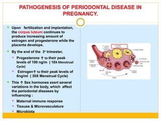 PATHOGENESIS OF PERIODONTAL DISEASE IN
PREGNANCY.
 Upon fertilization and implantation,
the corpus luteum continues to
produce increasing amount of
estrogen and progesterone while the
placenta develops.
 By the end of the 3rd
trimester,
 Progesterone ↑ to their peak
levels of 100 ng/m ( 10X Menstrual
Cycle)
 Estrogen↑ to their peak levels of
6ng/ml ( 30X Menstrual Cycle)
 This ↑ Sex hormones exert several
variations in the body, which affect
the periodontal diseases by
influencing :
 Maternal immune response
 Tissues & Microvasculature
 Microbiota
 