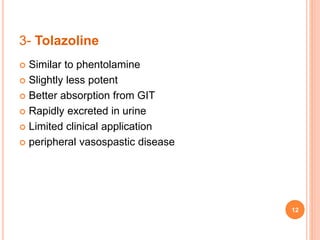 3- Tolazoline
 Similar to phentolamine
 Slightly less potent
 Better absorption from GIT
 Rapidly excreted in urine
 Limited clinical application
 peripheral vasospastic disease
12
 