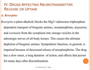 Dr. Mahmoud H. Taleb 29
IV. DRUGS AFFECTING NEUROTRANSMITTER
RELEASE OR UPTAKE
A. Reserpine
Reserpine a plant alkaloid, blocks the Mg2+/adenosine triphosphate
dependent transport of biogenic amines, norepinephrine, dopamine,
and serotonin from the cytoplasm into storage vesicles in the
adrenergic nerves of all body tissues. This causes the ultimate
depletion of biogenic amines. Sympathetic function, in general, is
impaired because of decreased release of norepinephrine. The drug
has a slow onset, a long duration of action, and effects that persist
for many days after discontinuation.
 