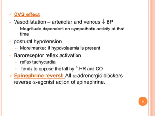  CVS effect
• Vasodilatation – arteriolar and venous  BP
• Magnitude dependent on sympathatic activity at that
time
• postural hypotension
• More marked if hypovolaemia is present
• Baroreceptor reflex activation
• reflex tachycardia
• tends to oppose the fall by  HR and CO
 Epinephrine reversl: All -adrenergic blockers
reverse -agonist action of epinephrine.
8
 