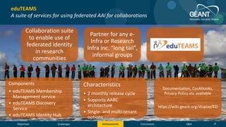 Objectives Conclusions Q&AChallenges Achievements
Components
• eduTEAMS Membership
Management service
• eduTEAMS Discovery
Service
• eduTEAMS Identity Hub
Characteristics
• 2 monthly release cycle
• Supports AARC
architecture
• Single- and multi-tenant
options
Documentation, Cookbooks,
Privacy Policy etc available
https://wiki.geant.org/display/ED
eduTEAMS
A suite of services for using federated AAI for collaborations
Collaboration suite
to enable use of
federated identity
in research
communities
Partner for any e-
Infra or Research
Infra inc. “long tail”,
informal groups
8
 
