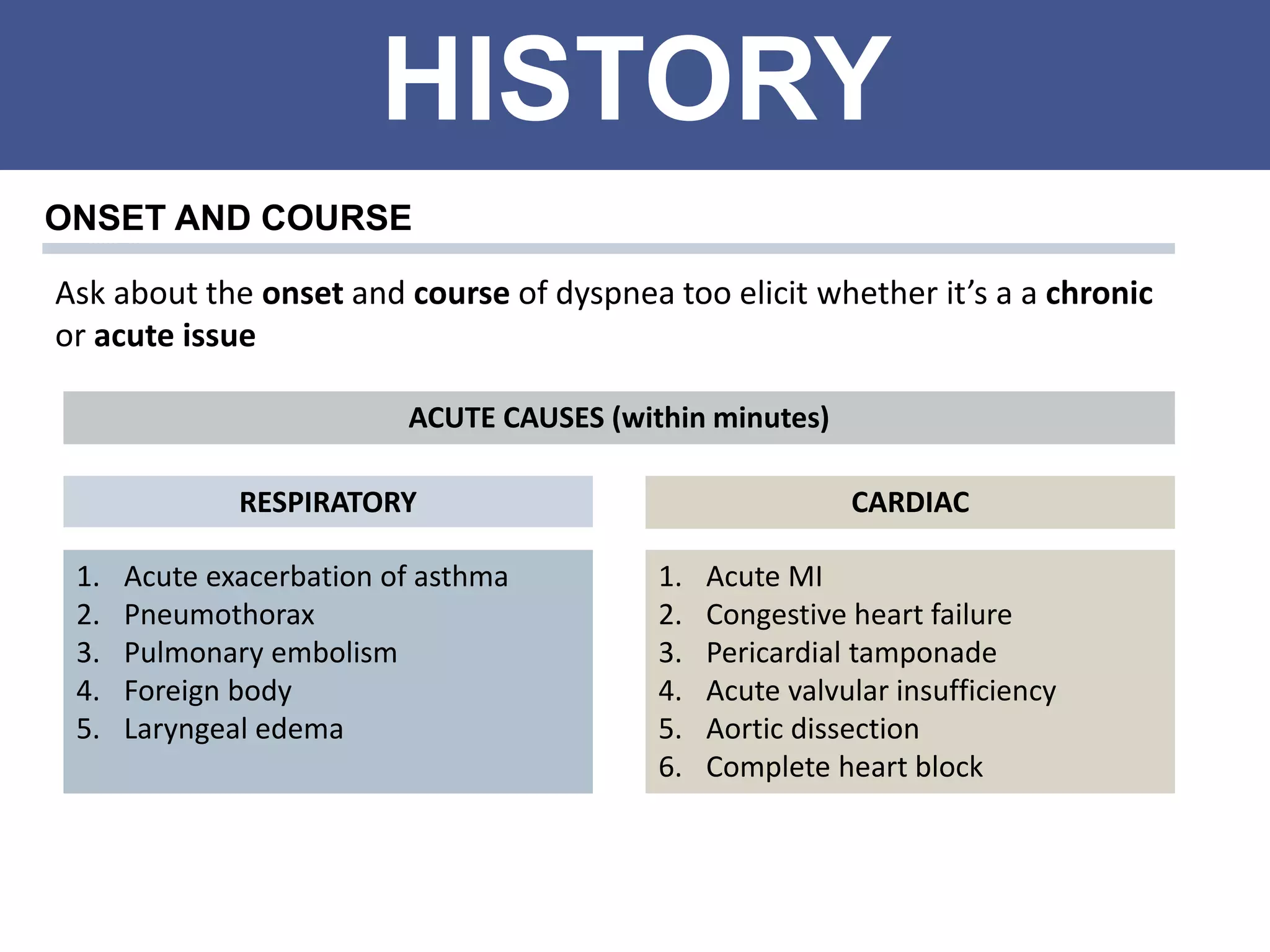HISTORY
ONSET AND COURSE
Ask about the onset and course of dyspnea too elicit whether it’s a a chronic
or acute issue
1. Acute exacerbation of asthma
2. Pneumothorax
3. Pulmonary embolism
4. Foreign body
5. Laryngeal edema
ACUTE CAUSES (within minutes)
1. Acute MI
2. Congestive heart failure
3. Pericardial tamponade
4. Acute valvular insufficiency
5. Aortic dissection
6. Complete heart block
RESPIRATORY CARDIAC
 