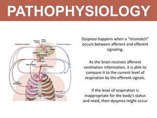 PATHOPHYSIOLOGY
Dyspnea happens when a “mismatch”
occurs between afferent and efferent
signaling.
As the brain receives afferent
ventilation information, it is able to
compare it to the current level of
respiration by the efferent signals.
If the level of respiration is
inappropriate for the body’s status
and need, then dyspnea might occur
 