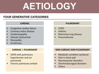 AETIOLOGY
FOUR GENERATIVE CATEGORIES
 Congestive cardiac failure
 Coronary artery disease
 Cardiomyopathy
 Valvular dysfunction
 Pericarditis
 Arrythmias
CARDIAC
 COPD
 Asthma
 Restrictive lung disease
 Pneumothorax
PULMONARY
 COPD with pulmonary
hypertension and cor
pulmonale
 Chronic pulmonary emboli
CARDIAC + PULMONARY
 Metabolic condition (acidosis)
 Pain in chest wall
 Neurovascular disorders
 Otorhinolaryngeal disorders
 Others
NON CARDIAC NON PULMONARY
 