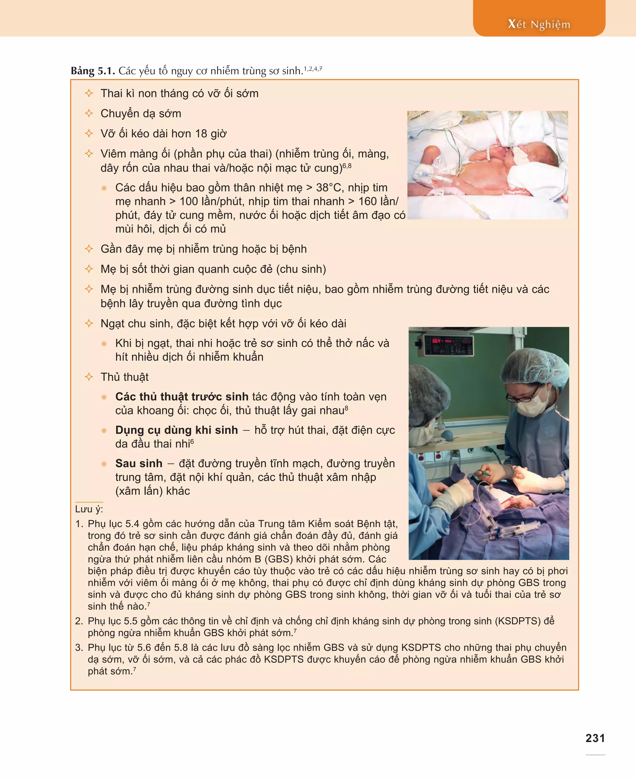 231
Xét Nghiệm
²² Thai kì non tháng có vỡ ối sớm
²² Chuyển dạ sớm
²² Vỡ ối kéo dài hơn 18 giờ
²² Viêm màng ối (phần phụ của thai) (nhiễm trùng ối, màng,
dây rốn của nhau thai và/hoặc nội mạc tử cung)6,8
●● Các dấu hiệu bao gồm thân nhiệt mẹ  38°C, nhịp tim
mẹ nhanh  100 lần/phút, nhịp tim thai nhanh  160 lần/
phút, đáy tử cung mềm, nước ối hoặc dịch tiết âm đạo có
mùi hôi, dịch ối có mủ
²² Gần đây mẹ bị nhiễm trùng hoặc bị bệnh
²² Mẹ bị sốt thời gian quanh cuộc đẻ (chu sinh)
²² Mẹ bị nhiễm trùng đường sinh dục tiết niệu, bao gồm nhiễm trùng đường tiết niệu và các
bệnh lây truyền qua đường tình dục
²² Ngạt chu sinh, đặc biệt kết hợp với vỡ ối kéo dài
●● Khi bị ngạt, thai nhi hoặc trẻ sơ sinh có thể thở nấc và
hít nhiều dịch ối nhiễm khuẩn
²² Thủ thuật
●● Các thủ thuật trước sinh tác động vào tính toàn vẹn
của khoang ối: chọc ối, thủ thuật lấy gai nhau8
●● Dụng cụ dùng khi sinh − hỗ trợ hút thai, đặt điện cực
da đầu thai nhi6
●● Sau sinh − đặt đường truyền tĩnh mạch, đường truyền
trung tâm, đặt nội khí quản, các thủ thuật xâm nhập
(xâm lấn) khác
Lưu ý:
1.	Phụ lục 5.4 gồm các hướng dẫn của Trung tâm Kiểm soát Bệnh tật,
trong đó trẻ sơ sinh cần được đánh giá chẩn đoán đầy đủ, đánh giá
chẩn đoán hạn chế, liệu pháp kháng sinh và theo dõi nhằm phòng
ngừa thứ phát nhiễm liên cầu nhóm B (GBS) khởi phát sớm. Các
biện pháp điều trị được khuyến cáo tùy thuộc vào trẻ có các dấu hiệu nhiễm trùng sơ sinh hay có bị phơi
nhiễm với viêm ối màng ối ở mẹ không, thai phụ có được chỉ định dùng kháng sinh dự phòng GBS trong
sinh và được cho đủ kháng sinh dự phòng GBS trong sinh không, thời gian vỡ ối và tuổi thai của trẻ sơ
sinh thế nào.7
2.	 Phụ lục 5.5 gồm các thông tin về chỉ định và chống chỉ định kháng sinh dự phòng trong sinh (KSDPTS) để
phòng ngừa nhiễm khuẩn GBS khởi phát sớm.7
3.	 Phụ lục từ 5.6 đến 5.8 là các lưu đồ sàng lọc nhiễm GBS và sử dụng KSDPTS cho những thai phụ chuyển
dạ sớm, vỡ ối sớm, và cả các phác đồ KSDPTS được khuyến cáo để phòng ngừa nhiễm khuẩn GBS khởi
phát sớm.7
Bảng 5.1. Các yếu tố nguy cơ nhiễm trùng sơ sinh.1,2,4,7
 