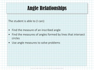 Angle Relationships
The student is able to (I can):
• Find the measure of an inscribed angle
• Find the measures of angles formed by lines that intersect
circles
• Use angle measures to solve problems
 