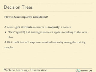 Machine Learning - Classfication
Decision Trees
How is Gini Impurity Calculated?
A node’s gini attribute measures its impurity: a node is
● “Pure” (gini=0) if all training instances it applies to belong to the same
class.
A Gini coefficient of 1 expresses maximal inequality among the training
samples.
 