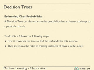 Machine Learning - Classfication
Decision Trees
Estimating Class Probabilities
A Decision Tree can also estimate the probability that an instance belongs to
a particular class k.
To do this it follows the following steps:
● First it traverses the tree to find the leaf node for this instance
● Then it returns the ratio of training instances of class k in this node.
 
