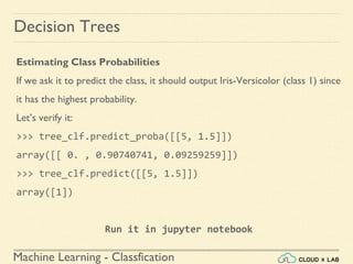 Machine Learning - Classfication
Decision Trees
Estimating Class Probabilities
If we ask it to predict the class, it should output Iris-Versicolor (class 1) since
it has the highest probability.
Let’s verify it:
>>> tree_clf.predict_proba([[5, 1.5]])
array([[ 0. , 0.90740741, 0.09259259]])
>>> tree_clf.predict([[5, 1.5]])
array([1])
Run it in jupyter notebook
 