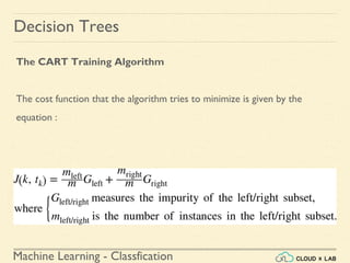 Machine Learning - Classfication
Decision Trees
The CART Training Algorithm
The cost function that the algorithm tries to minimize is given by the
equation :
 