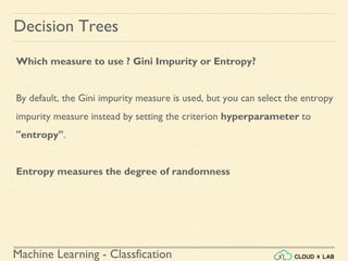 Machine Learning - Classfication
Decision Trees
Which measure to use ? Gini Impurity or Entropy?
By default, the Gini impurity measure is used, but you can select the entropy
impurity measure instead by setting the criterion hyperparameter to
"entropy".
Entropy measures the degree of randomness
 