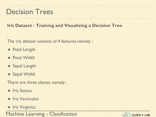 Machine Learning - Classfication
Decision Trees
Iris Dataset - Training and Visualizing a Decision Tree
The iris dataset consists of 4 features namely :
● Petal Length
● Petal Width
● Sepal Length
● Sepal Width
There are three classes namely :
● Iris Setosa
● Iris Versicolor
● Iris Virginica
 