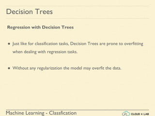 Machine Learning - Classfication
Decision Trees
Regression with Decision Trees
● Just like for classification tasks, Decision Trees are prone to overfitting
when dealing with regression tasks.
● Without any regularization the model may overfit the data.
 