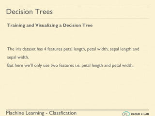 Machine Learning - Classfication
Decision Trees
Training and Visualizing a Decision Tree
The iris dataset has 4 features petal length, petal width, sepal length and
sepal width.
But here we’ll only use two features i.e. petal length and petal width.
 