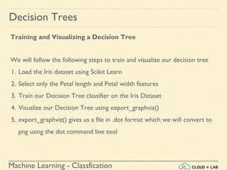 Machine Learning - Classfication
Decision Trees
Training and Visualizing a Decision Tree
We will follow the following steps to train and visualize our decision tree
1. Load the Iris dataset using Scikit Learn
2. Select only the Petal length and Petal width features
3. Train our Decision Tree classifier on the Iris Dataset
4. Visualize our Decision Tree using export_graphviz()
5. export_graphviz() gives us a file in .dot format which we will convert to
png using the dot command line tool
 