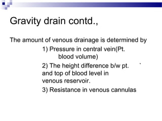 Gravity drain contd.,
The amount of venous drainage is determined by
1) Pressure in central vein(Pt.
blood volume)
2) The height difference b/w pt. `
and top of blood level in
venous reservoir.
3) Resistance in venous cannulas
 