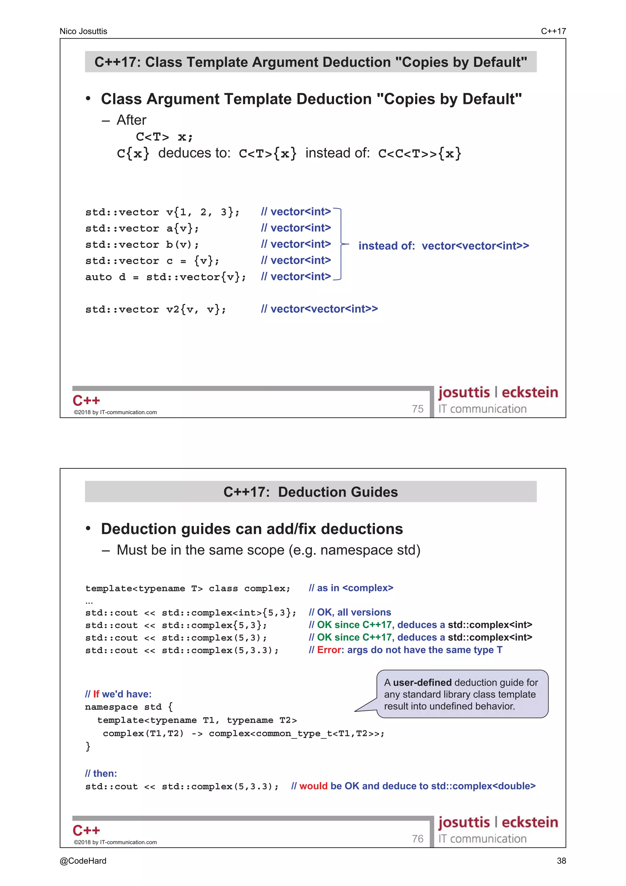 ‹ E ,7FRPPXQLFDWLRQFRP 

 6WUXFWXUHG %LQGLQJV DQG if ZLWK ,QLWLDOL]HU
‡ RPELQLQJ
± ,QLWLDOL]H PXOWLSOH REMHFWV E PXOWLSOH UHWXUQ YDOXHV
± XVLQJ WKH VXSSOHPHQWDU LQLWLDOL]DWLRQ VQWD[ IRU if
‡ )RU
std::mapstd::string, int coll;
RX FDQ UHSODFH
‡ E
if (auto [pos,ok] = coll.insert({new,42}); !ok) {
 LI LQVHUW IDLOHG KDQGOH HUURU XVLQJ LWHUDWRU pos IRU HOHP DOUHDG WKHUH 