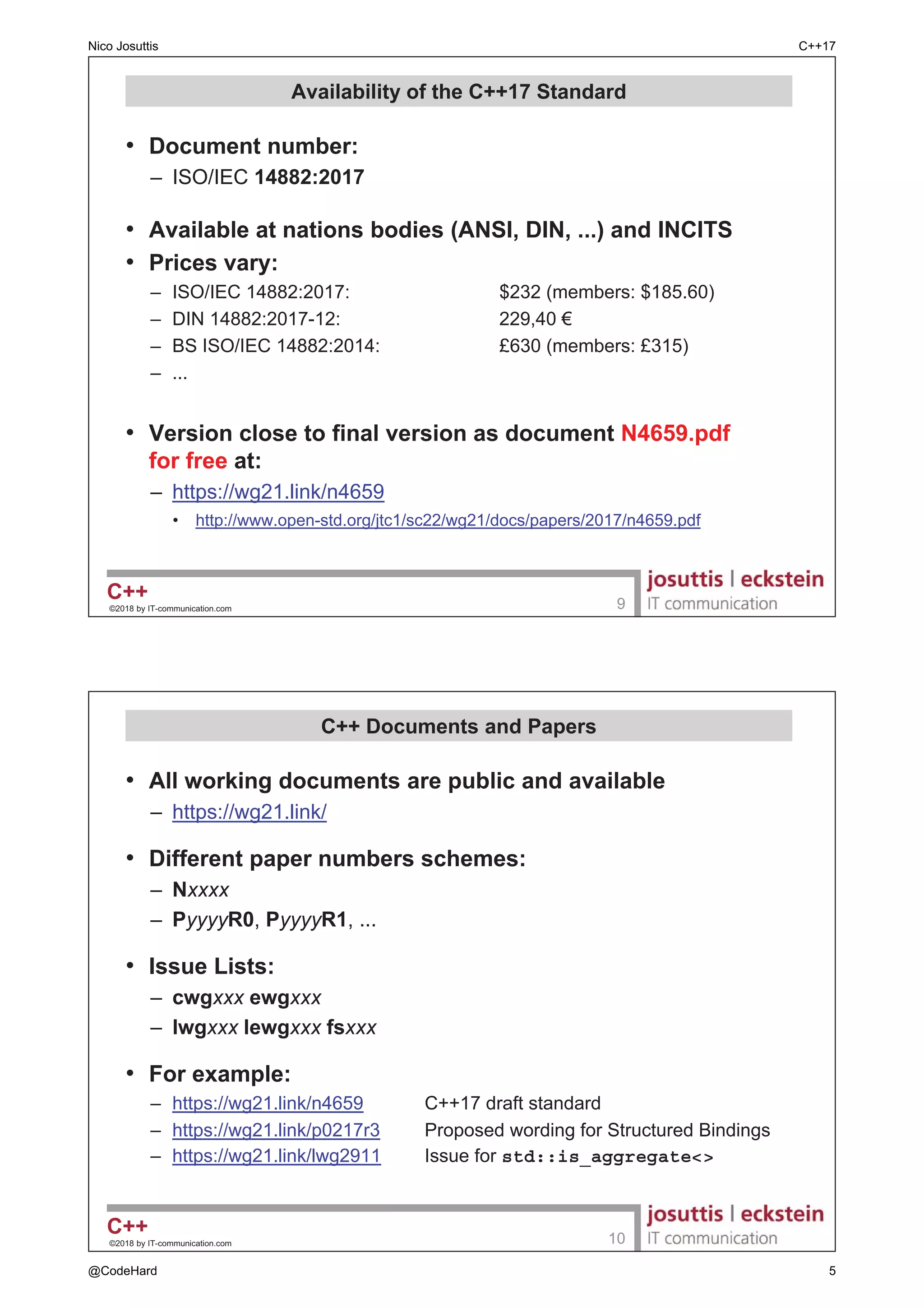GHVFULEHG
± , VWLOO OHDUQ
‡ )HHGEDFN ZHOFRPH
‹ E ,7FRPPXQLFDWLRQFRP 


0RGHUQ 
Nico Josuttis C++17
@CodeHard 2
 