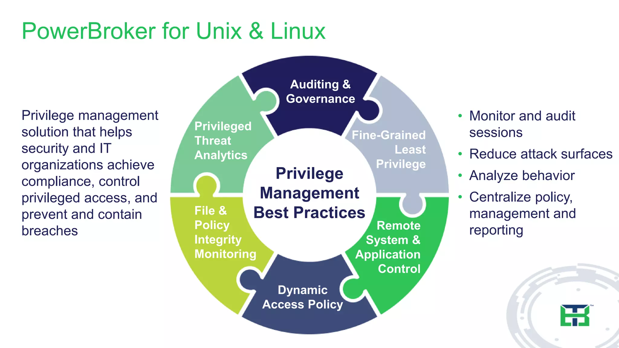 PowerBroker for Unix & Linux
Dynamic
Access Policy
Fine-Grained
Least
Privilege
Privileged
Threat
Analytics
Remote
System &
Application
Control
Auditing &
Governance
File &
Policy
Integrity
Monitoring
Privilege
Management
Best Practices
Privilege management
solution that helps
security and IT
organizations achieve
compliance, control
privileged access, and
prevent and contain
breaches
• Monitor and audit
sessions
• Reduce attack surfaces
• Analyze behavior
• Centralize policy,
management and
reporting
 