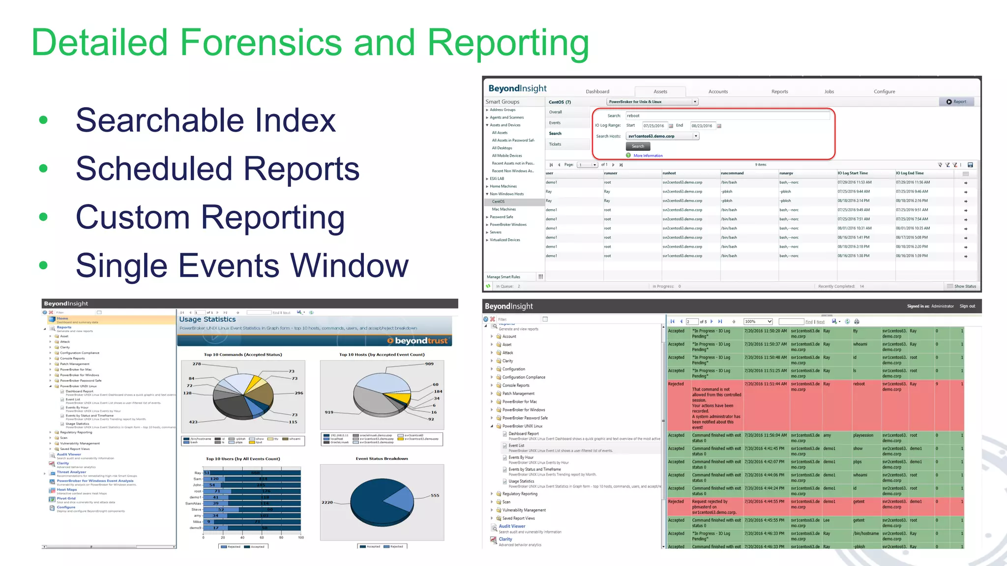 Detailed Forensics and Reporting
• Searchable Index
• Scheduled Reports
• Custom Reporting
• Single Events Window
 