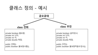 클래스 정의 - 예시
private boolean 불보쌈;
private int 나이;
private int 키;
private double 학점;
public 건희();
public boolean 불보쌈사줌();
private boolean 살아있냐;
private int 나이;
private int 키;
private double 학점;
public 우진();
public boolean 불보쌈먹을수있냐();
class 건희 class 우진
금오공대
 