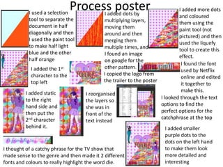 Process posterI used a selection
tool to separate the
document in half
diagonally and then
I used the paint tool
to make half light
blue and the other
half orange
I added dots by
multiplying layers,
moving them
around and then
merging them
multiple times, and
I found an image
on google for the
other pattern.
I added more dots
and coloured
them using the
paint tool (not
pictured) and then
used the liquefy
tool to create this
effect.
I added the 1st
character to the
top left
I copied the logo from
the trailer to the poster
I found the font
used by Netflix
online and edited
it together to
make this.I added static
to the right
hand side and
then put the
2nd character
behind it.
I reorganised
the layers so
she was in
front of the
text instead
I looked through the text
options to find the
perfect options for the
catchphrase at the top
I thought of a catchy phrase for the TV show that
made sense to the genre and then made it 2 different
fonts and colours to really highlight the word die.
I added smaller
purple dots to the
dots on the left hand
to make them look
more detailed and
interesting
 
