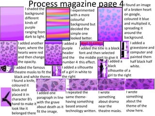 Process magazine page 4I shaded the
background
different
kinds of
purple
ranging from
dark to light.
I experimented
with a more
colourful
background but
decided the
simple one
looked better.
I found an image
of a broken heart
on google,
coloured it blue
and multiplied it,
spreading it
around the
background.
I added another
layer, where the
hearts were red
and then change
the opacity.
I added a
purple
header
and the
number 4
I added the title is a block
font and then selected
the middle part to give it
this effect.
I added a
gravestone and
computer and
painted them
half black half
white.I added the famous
theatre masks to fit the
black and white theme.
I added a silhouette
of a girl in white to
the right
I added a
black
silhouette of a
girl to the right
I found a knife,
coloured it
black and
placed it in
character B’s
hand to make it
look like it
belonged there
I added one
paragraph in line
with the grave
about death as it
fit the image.
I repeated the
same theme-
having something
based around
technology written.
I wrote
something
about drama
near the
theatre masks.
I wrote
something
about the
theme of the
show here.
 