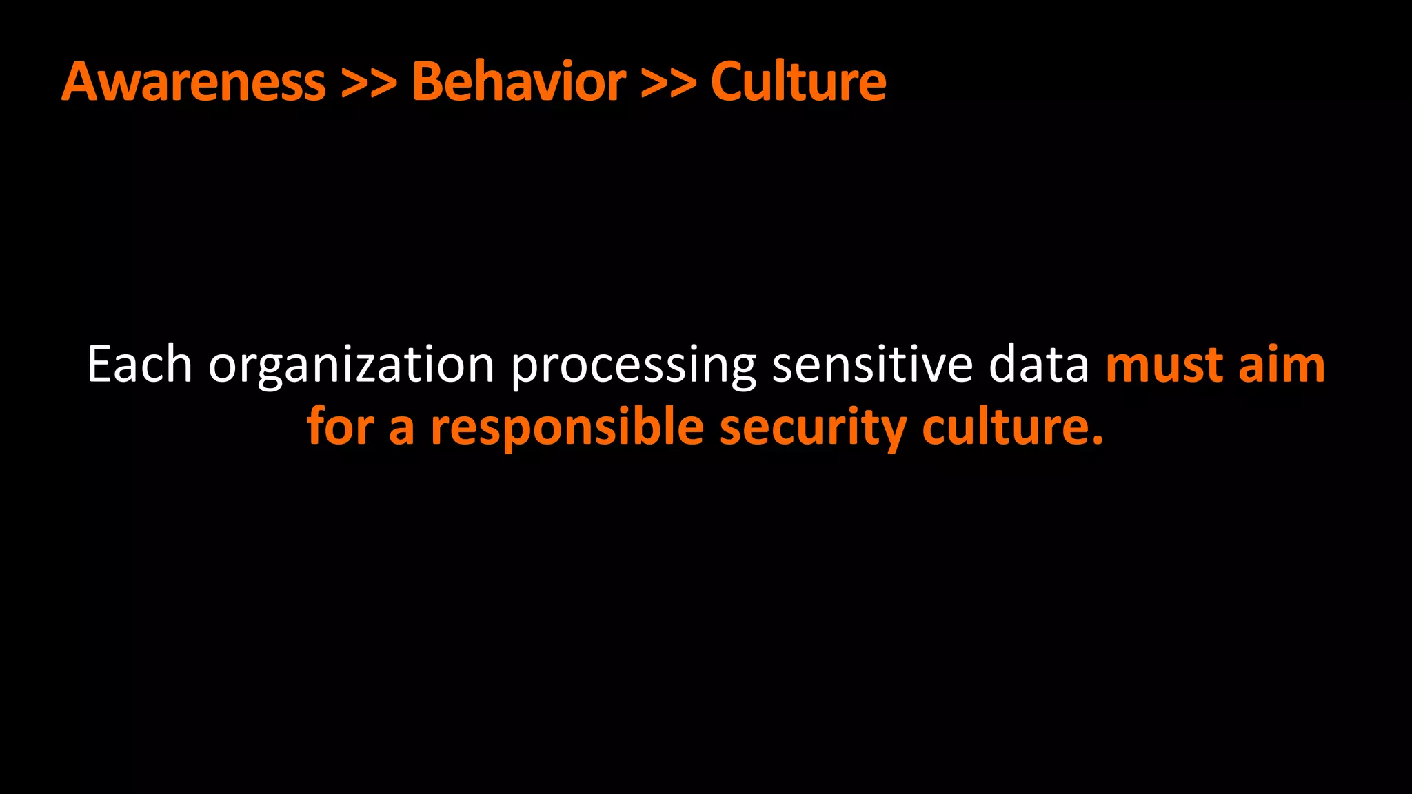 Awareness >> Behavior >> Culture
must aim
for a responsible security culture.
 