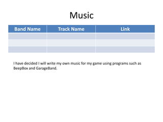 Music
Band Name Track Name Link
I have decided I will write my own music for my game using programs such as
BeepBox and GarageBand.
 