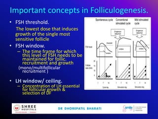 Important concepts in Folliculogenesis.
• FSH threshold.
The lowest dose that induces
growth of the single most
sensitive follicle
• FSH window.
– The time frame for which
this level of FSH needs to be
maintained for follic.
recruitment and growth
(mono/multifollicular
recruitment )
• LH window/ ceiling.
– Concentration of LH essential
for follicular growth &
selection of DF
 