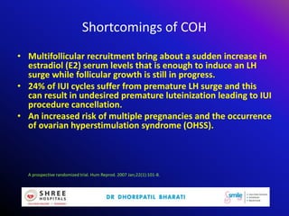 Shortcomings of COH
• Multifollicular recruitment bring about a sudden increase in
estradiol (E2) serum levels that is enough to induce an LH
surge while follicular growth is still in progress.
• 24% of IUI cycles suffer from premature LH surge and this
can result in undesired premature luteinization leading to IUI
procedure cancellation.
• An increased risk of multiple pregnancies and the occurrence
of ovarian hyperstimulation syndrome (OHSS).
A prospective randomized trial. Hum Reprod. 2007 Jan;22(1):101-8.
 