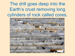 The drill goes deep into the
Earth’s crust removing long
cylinders of rock called cores.
 
