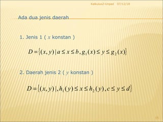 07/12/18Kalkulus2-Unpad
15
Ada dua jenis daerah
1. Jenis 1 ( x konstan )
{ })()(,|),( 21 xgyxgbxayxD ≤≤≤≤=
2. Daerah jenis 2 ( y konstan )
{ }dycyhxyhyxD ≤≤≤≤= ,)()(,|),( 21
 