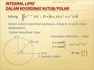 Hitung
07/12/18Kalkulus2-Unpad
26
Dalam sistem koordinat kartesius, integral ini sulit untuk
diselesaikan.
Sistem Koordinat Polar
θ
r
P(r,θ)
x
y
θ=0
(sumbu polar)
Hubungan Kartesius – Polar
{ }4|),((; 2222
≤+=∫∫
+
yxyxDAde
D
yx



=
=
θ
θ
sin
cos
ry
rx 2 2 2
x y r→ + =






= −
x
y1
tanθ
 