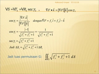 07/12/18Kalkulus2-Unpad
41
2 2 2 2
2 2
2 2
ˆ.
ˆˆ ˆcos ,
ˆ
1 1
cos
1 1
sec 1
1
i x y
i
x y x y
i x y
i x y i
F k
dengan F f i f j k
F k
f f f f
f f
Jadi S f f R
γ
γ
γ
∇
= ∇ = + −
∇
−
= =
+ + + +
= + +
∆ = + + ∆
r
r
r
sec ,k k kS T R γ≈ =V V V kkFkF γcos

∇=•∇
Jadi luas permukaan G:
2 2
1x yS
f f dA+ +∫∫
 
