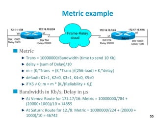 55
Metric example
Metric
Trans = 10000000/Bandwidth (time to send 10 Kb)
delay = (sum of Delay)/10
m = [K1*Trans + (K2*Trans )/(256-load) + K3*delay]
default: K1=1, K2=0, K3=1, K4=0, K5=0
if K5 ≠ 0, m = m * [K5/(Reliability + K4)]
Bandwidth in Kb/s, Delay in µs
At Venus: Route for 172.17/16: Metric = 10000000/784 +
(20000+1000)/10 = 14855
At Saturn: Route for 12./8: Metric = 10000000/224 + (20000 +
1000)/10 = 46742
 