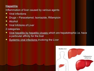 HepatitisHepatitis
Inflammation of liver caused by various agentsInflammation of liver caused by various agents
 Viral infectionsViral infections
 Drugs – Paracetamol, Isoniazide, RifampicinDrugs – Paracetamol, Isoniazide, Rifampicin
 AlcoholAlcohol
 Viral Infctions of LiverViral Infctions of Liver
2 categories2 categories
 Viral hepatitis by hepatitis virusesViral hepatitis by hepatitis viruses which are hepatotrophic i.e. havewhich are hepatotrophic i.e. have
a particular affinity for the livera particular affinity for the liver
 Systemic viral infectionsSystemic viral infections involving the Liverinvolving the Liver
11
 
