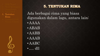 Ada berbagai rima yang biasa
digunakan dalam lagu, antara lain:
•AAAA
•ABAB
•AABB
•AAAB
•AABC
•…. dll
1. Pilih Tema
2. Buat Kerangka
3. Buat Judul
4. Tulis Lirik
5. Tentukan
Rima
6. Rapikan Lirik
7. Susun Urutan
 
