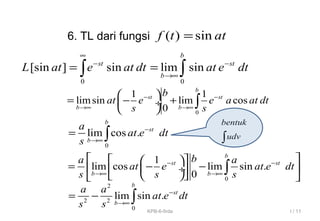 ( ) sinf t at=
0 0
[sin ] sin lim sin
b
st st
b
L at e at dt at e dt
∞
− −
→∞
= =∫ ∫
6. TL dari fungsi
0
1 1
limsin lim cos
0
b
st st
b b
b
at e e a at dt
s s
− −
→∞ →∞
 
= − + ÷
 
∫
0
lim cos .
b
st
b
a
at e dt
s
−
→∞
= ∫
0
1
lim cos lim sin .
0
b
st st
b b
ba a
at e at e dt
s s s
− −
→∞ →∞
   
= − −  ÷ 
   
∫
2
2 2
0
lim sin .
b
st
b
a a
at e dt
s s
−
→∞
= − ∫
bentuk
udv∫
I / 11KPB-6-firda
 