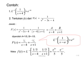 ( )
4s3s
1
sF 2
−−
=
( )
( ) ( )2
1 1
3 4 4 1
F s
s s s s
= =
− − − +
1 1
5 5
( )
4 1
F s
s s
−
= +
− +
4
1 1/ 5 1/ 5
( ) .
4 1 5 5
t t
e e
f t L
s s
−
−  
= − = − − + 
4 1
A B
s s
= +
− +
1 1 at
L e
s a
−  
= ÷
− 
2. Tentukan f(t) dari
Jawab :
Maka
diperoleh A=1/5, B=-1/5.
Contoh:
1 41
1.
4
t
L e
s
− − 
= ÷
+ 
I / 23KPB-6-firda
 