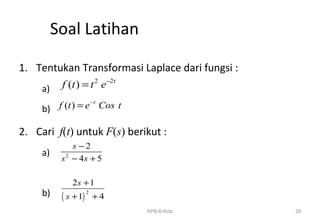Soal Latihan
1. Tentukan Transformasi Laplace dari fungsi :
a)
b)
2. Cari f(t) untuk F(s) berikut :
a)
b)
2 2
( ) t
f t t e−
=
( ) t
f t e Cos t−
=
2
2
4 5
s
s s
−
− +
( )
2
2 1
1 4
s
s
+
+ +
28KPB-6-firda
 