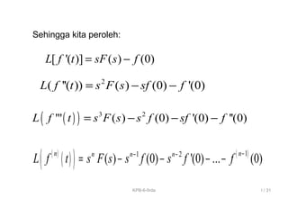 ( )( ) 3 2
"' ( ) (0) '(0) ''(0)L f t s F s s f sf f= − − −
( )
( )( ) ( )11 2
( ) (0) '(0) ... (0)n nn n n
L f t s F s s f s f f −− −
= − − − −
Sehingga kita peroleh:
[ '( )] ( ) (0)L f t sF s f= −
2
( ''( )) ( ) (0) '(0)L f t s F s sf f= − −
I / 31KPB-6-firda
 