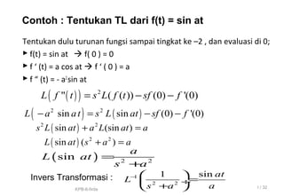 Tentukan dulu turunan fungsi sampai tingkat ke –2 , dan evaluasi di 0;
 f(t) = sin at  f( 0 ) = 0
 f ‘ (t) = a cos at  f ‘ ( 0 ) = a
 f “ (t) = - a2
sin at
Contoh : Tentukan TL dari f(t) = sin at
( )( ) 2
" ( ( )) (0) '(0)L f t s L f t sf f= − −
( ) ( )2 2
sin sin (0) '(0)L a at s L at sf f− = − −
( ) 2 2
sin
a
L at
s a
=
+
Invers Transformasi : 1
2 2
1 sin at
L
s a a
−  
= ÷
+ 
( )2 2
sin (sin )s L at a L at a+ =
I / 32
( ) 2 2
sin ( )L at s a a+ =
KPB-6-firda
 