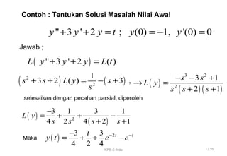 Contoh : Tentukan Solusi Masalah Nilai Awal
" 3 ' 2 ; (0) 1, '(0) 0y y y t y y+ + = = − =
( )" 3 ' 2 ( )L y y y L t+ + =
( ) ( )2
2
1
3 2 ( ) 3 ,s s L y s
s
+ + = − + ( )
( ) ( )
3 2
2
3 1
2 1
s s
L y
s s s
− − +
→ =
+ +
( )
( )2
3 1 3 1
4 2 4 2 1
L y
s s s s
−
= + + −
+ +
( ) 23 3
4 2 4
t tt
y t e e− −−
= + + −
Jawab ;
selesaikan dengan pecahan parsial, diperoleh
Maka
I / 35KPB-6-firda
 
