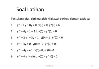 Soal Latihan
Tentukan solusi dari masalah nilai awal berikut dengan Laplace:
1. y ”+ 2 y ’- 8y = 0, y(0) = 0, y ‘(0) = 6
2. y “ + 4y = 1 – 2 t, y(0) = y ‘(0) = 0
3. y “ – 2 y ‘ – 3y = 1, y(0) = 1 , y ‘(0) = 0
4. y “ + 4y = 0, y(0) = -1 , y ‘(0) = 0
5. y “ - 4y = e2t
, y(0)= 0, y ‘(0) =1
6. y “ – 4 y ‘ = sin t, y(0) = y ‘ (0) = 0
36KPB-6-firda
 