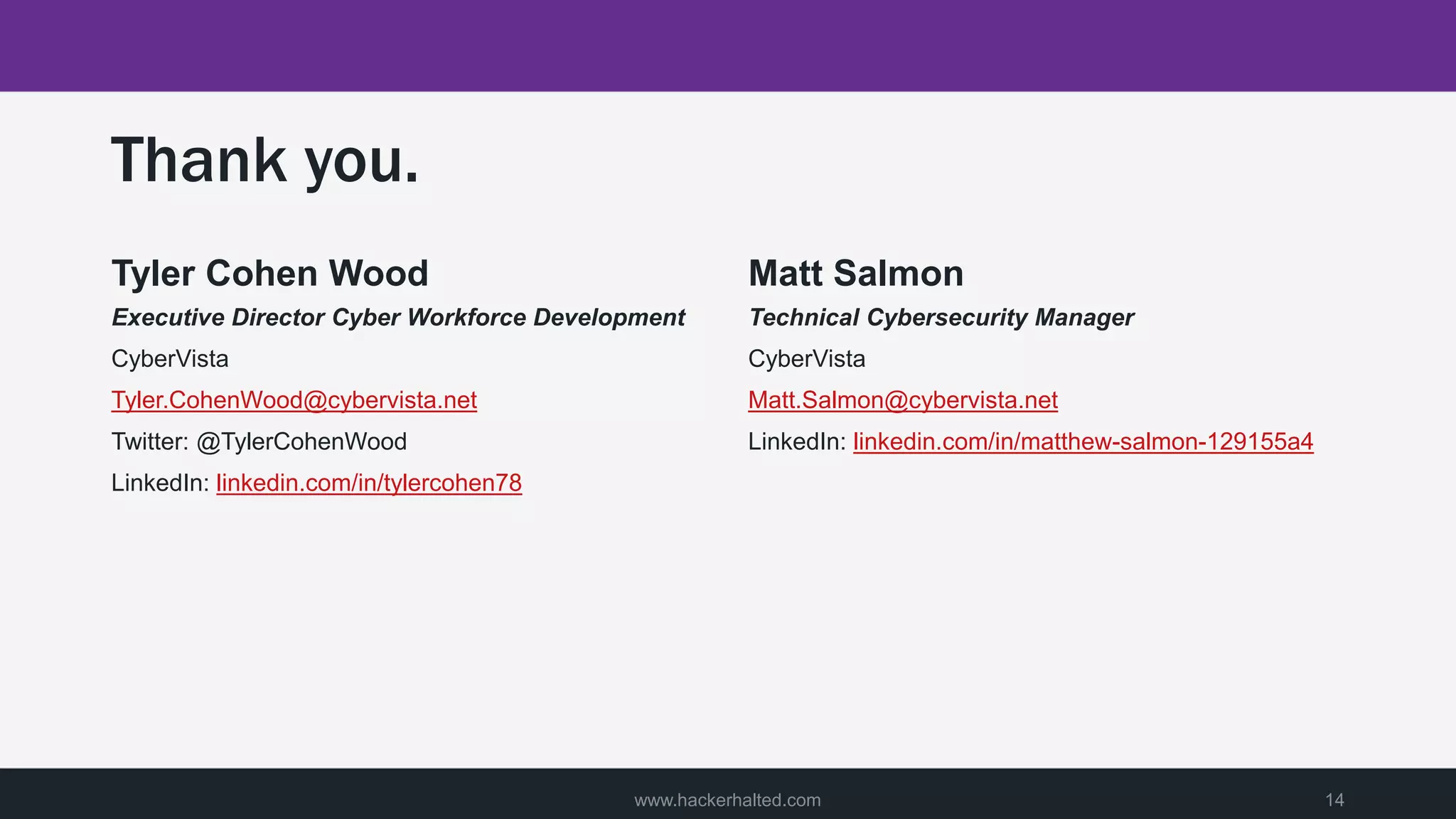 Thank you.
Tyler Cohen Wood
Executive Director Cyber Workforce Development
CyberVista
Tyler.CohenWood@cybervista.net
Twitter: @TylerCohenWood
LinkedIn: linkedin.com/in/tylercohen78
Matt Salmon
Technical Cybersecurity Manager
CyberVista
Matt.Salmon@cybervista.net
LinkedIn: linkedin.com/in/matthew-salmon-129155a4
www.hackerhalted.com 14
 